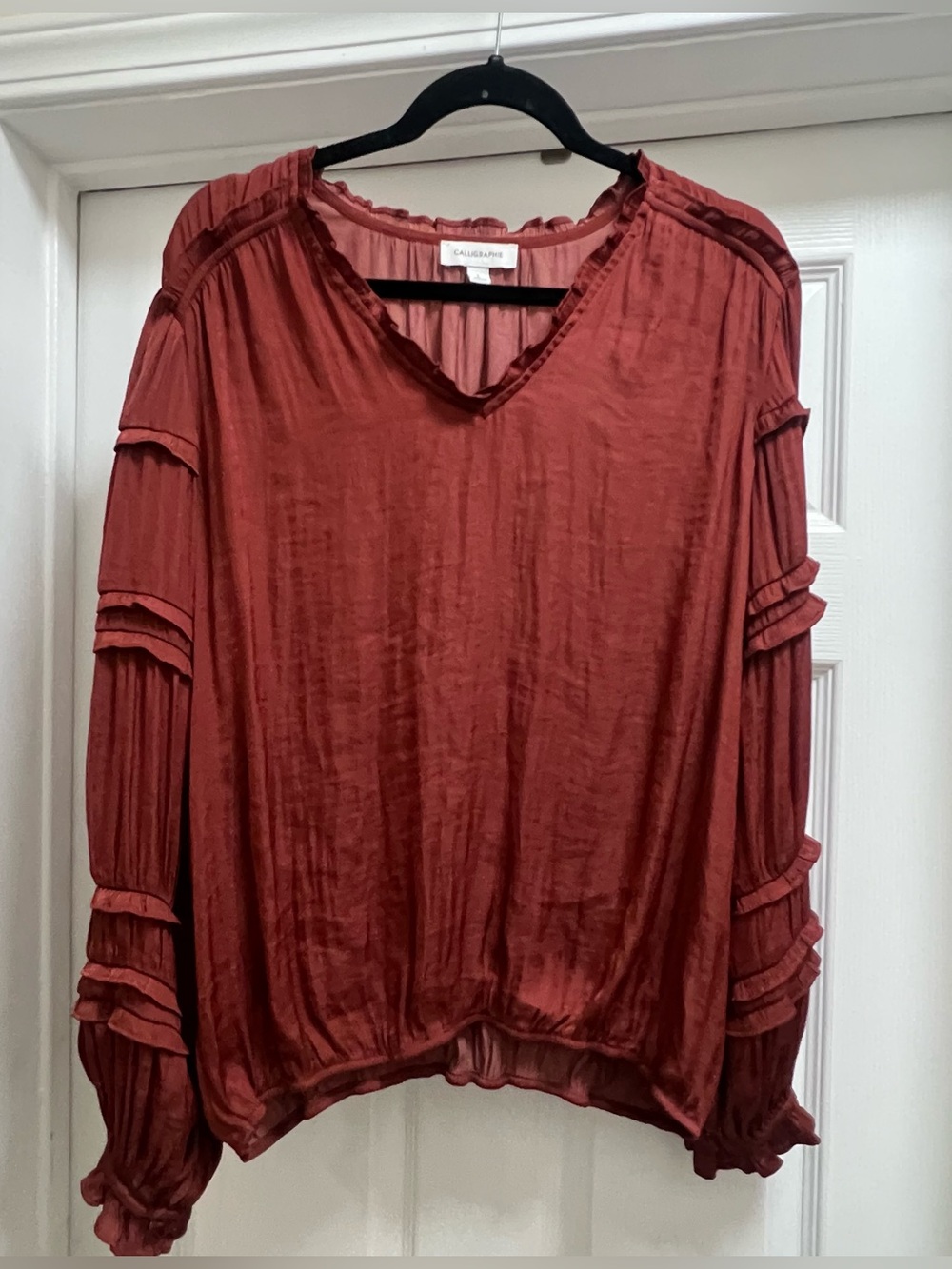 Rust Red V-Neck Ruffled Long-Sleeve Blouse